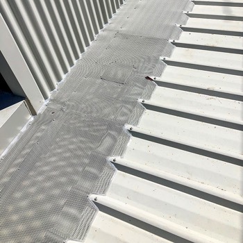  Here, a mesh protects a box gutter and spans between the roof and a corrugated wall. 